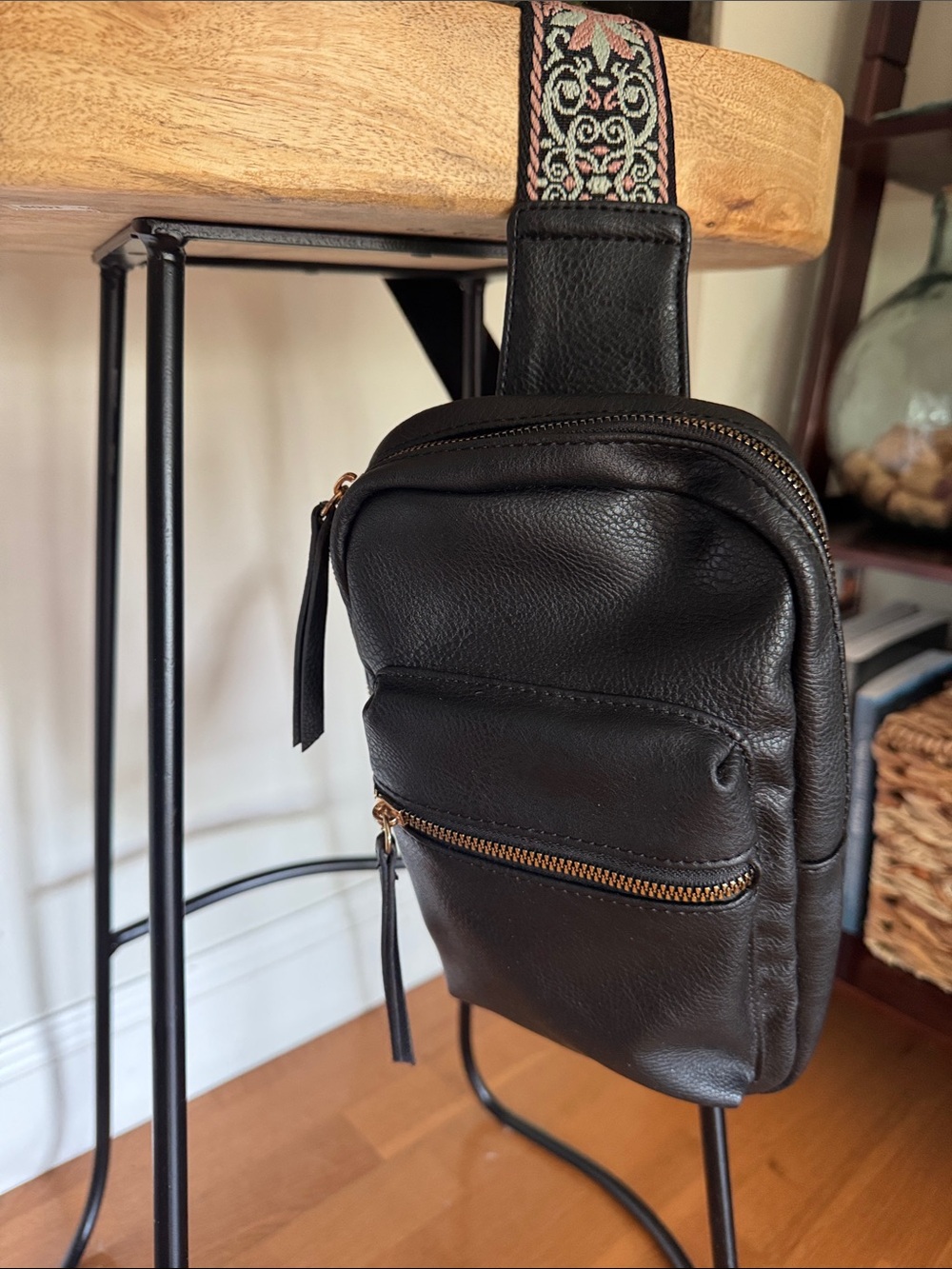 Black Leather Crossbody Sling Bag with Patterned Strap